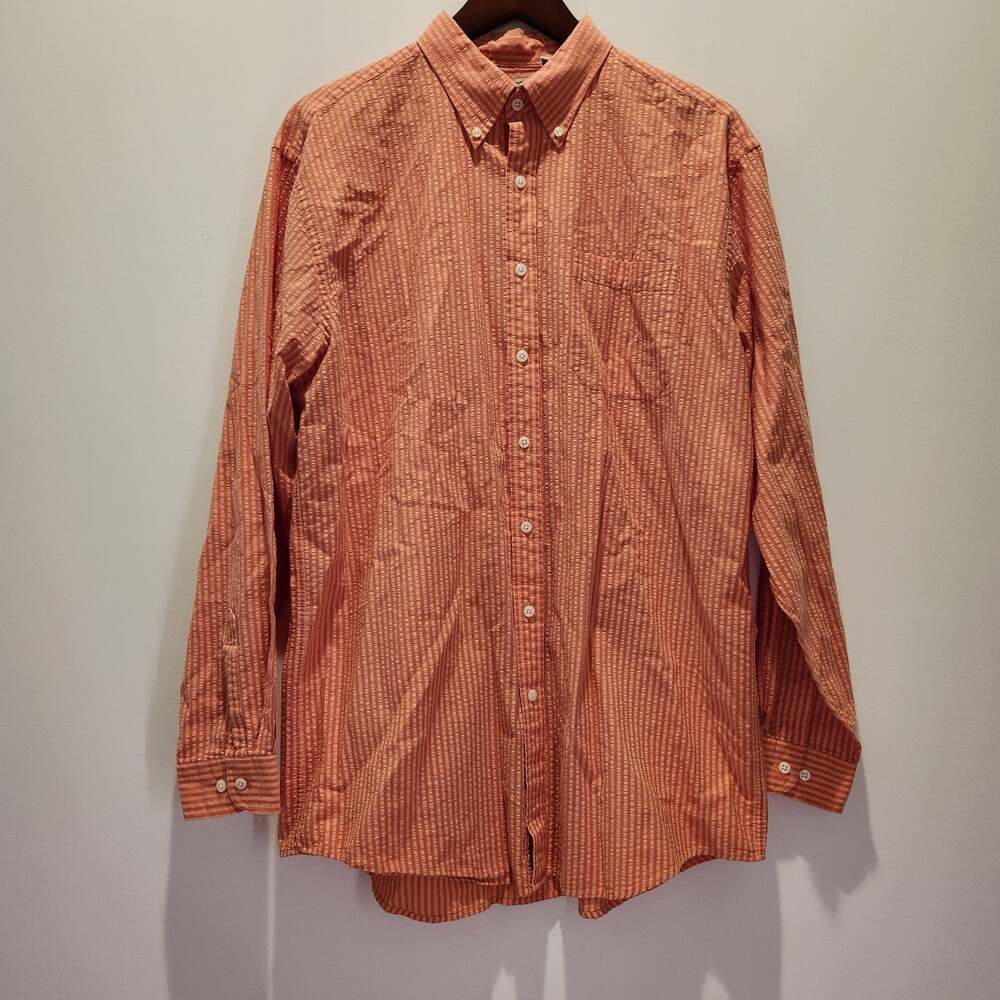 LL Bean Men Shirt Button Down Large Tall Coral Orange Seersucker Striped Cotton